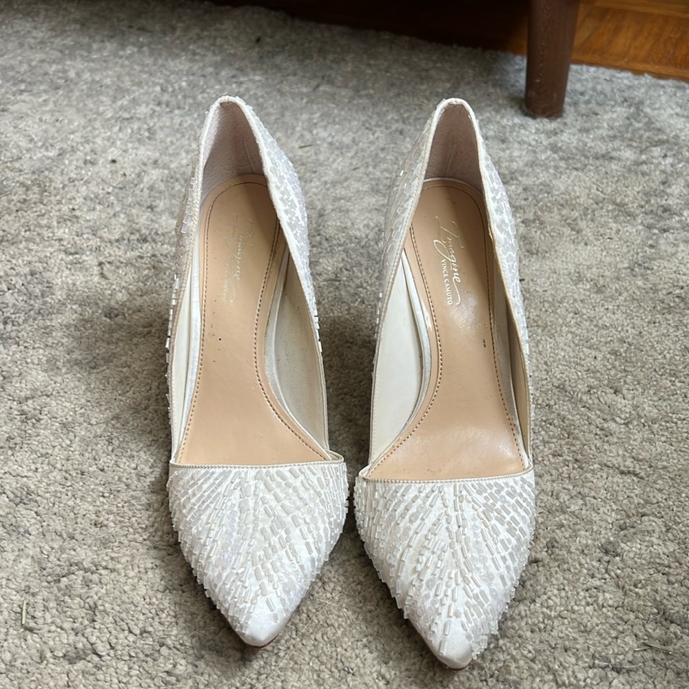 White/ivory beaded heel pumps